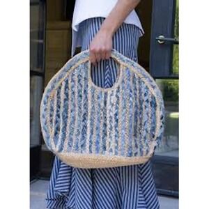 Braided Jute and Denim Striped Round Tote Bag Blue Tan Boho Beach Bag Large